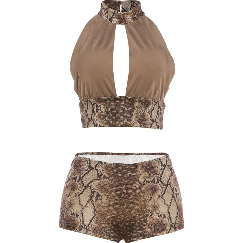 Weird Puss Snake Pattern Print 2 Piece Set Woman Halter Backless Crop Tops+Skinny Peach Hip Shorts Hot Girls Sexy Fashion Suits