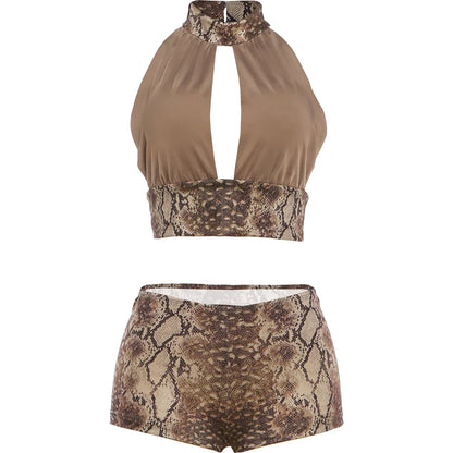 Weird Puss Snake Pattern Print 2 Piece Set Woman Halter Backless Crop Tops+Skinny Peach Hip Shorts Hot Girls Sexy Fashion Suits