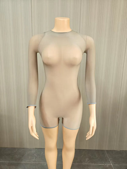 Y2k Hot Solid Long Sleeve Shorts Jumpsuits for Woman Bodysuit Fancy Club Skinny Stretchy Party Night Mesh One Pieces Playsuit