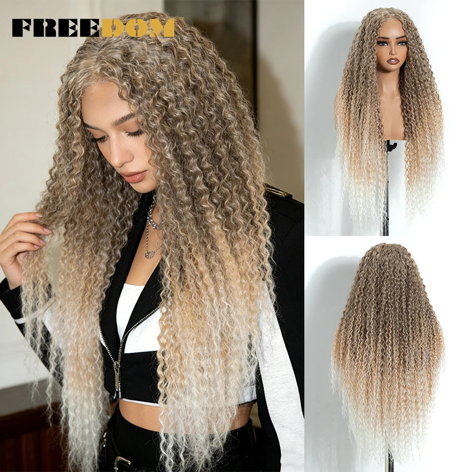 FREEDOM Synthetic Lace Front Wigs For Women 6x4 Pre-cut 32 Inch Long Curly Lace Wig Pre-plucked Ombre Brown Blonde Glueless Wigs