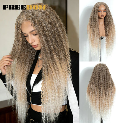 FREEDOM Synthetic Lace Front Wigs For Women 6x4 Pre-cut 32 Inch Long Curly Lace Wig Pre-plucked Ombre Brown Blonde Glueless Wigs