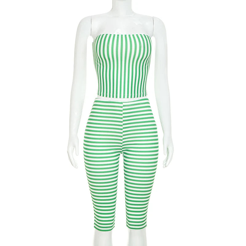 Spicy girl color blocking striped strapless slimming slim fit striped cropped pants set