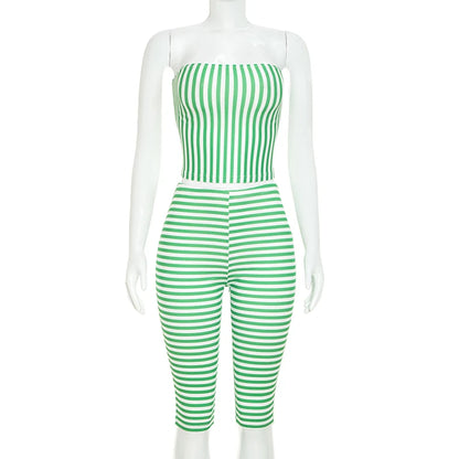 Spicy girl color blocking striped strapless slimming slim fit striped cropped pants set