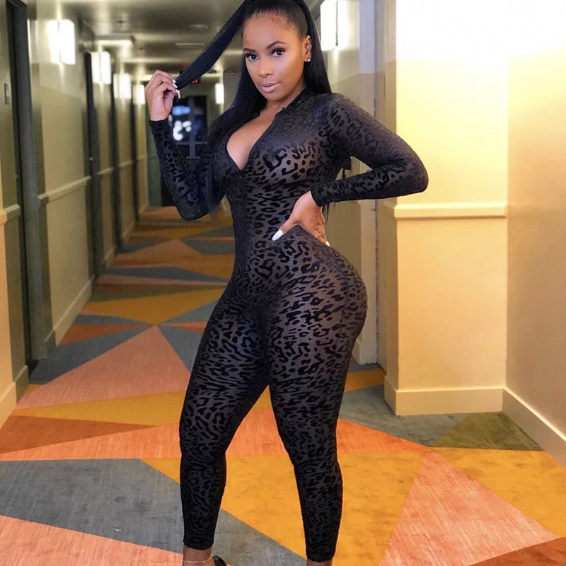 Flocking Leopard Night Party Rompers Womens Jumpsuit One Piece Club Outfit See Through Long Sleeve Zip Skinny Jumpsuits Overalls