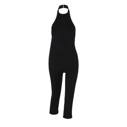 Hugcitar Ribbed Halter Backless Solid Button Sexy Bodycon Skinny Jumpsuit Summer Women Fashion Vacation Romper Streetwear Club