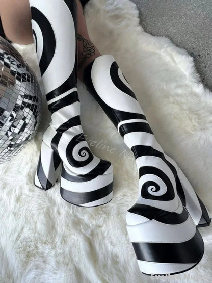 Black White Turbine Pattern Platform Boots Women Round Toe Chunky Heel Side Zipper Knee High Boots 2025 New Design Stretch Boots