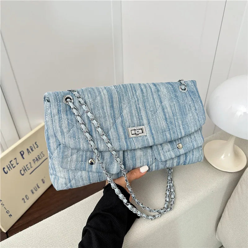 Korean Brand Shoulder Bag 2026 New Denim Side Bags for Women Ladies Crossbody Solid Fashion Chain Designer Daily Commuter City