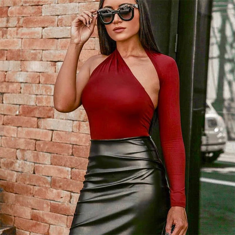 Sexy one shoulder tight jumpsuit with European and American street style commuting milk silk base shirt