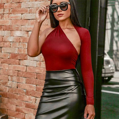Sexy one shoulder tight jumpsuit with European and American street style commuting milk silk base shirt