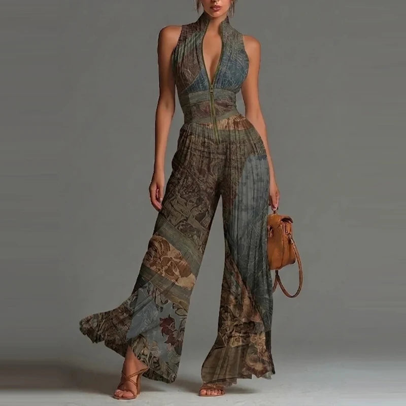 Elegant Lady Zipper Wide Leg Playsuits Stand Collar High Waist Pleat Jumpsuit Fashion Sleeveless Pure Color Slim Commute Rompers