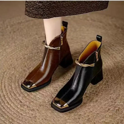 Designer Metal Decorat Thick High Heel Ankle Boots Wome Winter 2026 Warm Short Plush Black Short Boots Woman's Elegant Booties