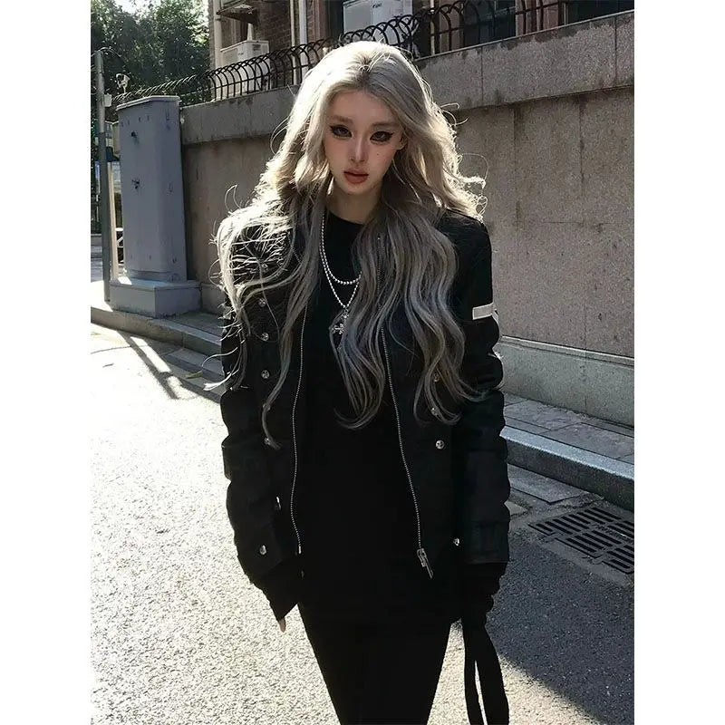 American Vintage Subculture Punk Jacket Long Sleeve Black Coat Slim Gothic Streetwear Casual Outerwear Daily Outfits 2026