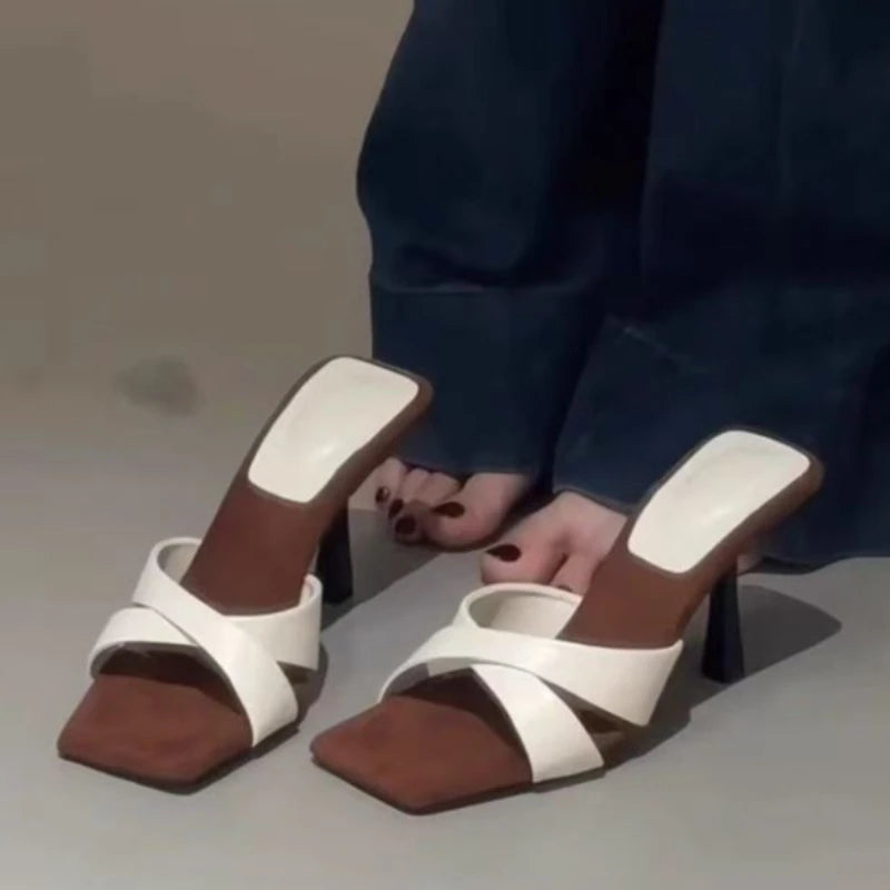 Square Toe Women's High Heels Slippers Elegant Sandals Fashion Shoes Dress Pumps Woman Slides New Luxury Female Flip Flops