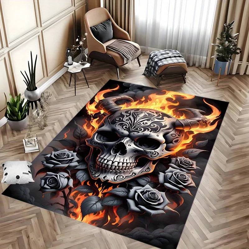 Black Skull Non Slip Rug, Stylish Floor Mat, Perfect for Patio Garden Bedroom Living Room, Gothic Home Decor Accent