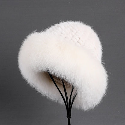Women's Winter Warm Genuine Premuim Mink Fur Knitted Bucket Hat Furry Real Fur Caps Big Fox Fur Trim Brim Adjustable