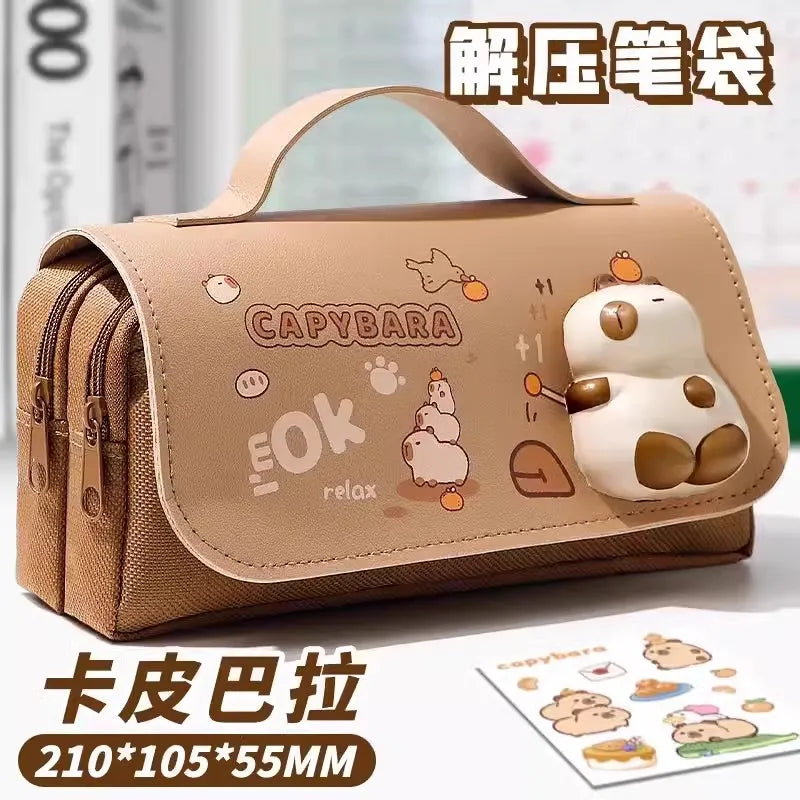 Green Panda Pencil Bag Large Capacity Stationery Pen Case Bear Dog Cat Handle Storage School Supplies Gift Box PU Ruler Holder A