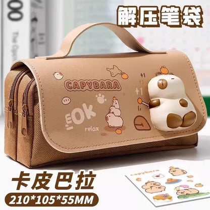 Green Panda Pencil Bag Large Capacity Stationery Pen Case Bear Dog Cat Handle Storage School Supplies Gift Box PU Ruler Holder A