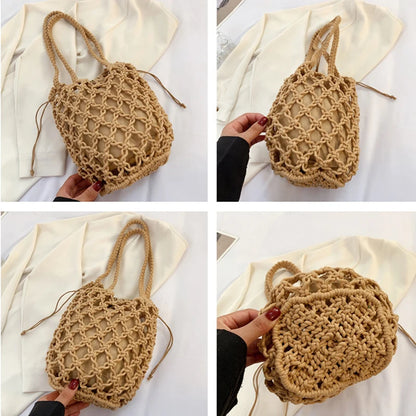 Summer Beach Bag For Women Mesh Rope Knitted Bucket Shoulder Bags  Reticulate Hollow Travel Shopper Totes Ladies Fashion Handbag