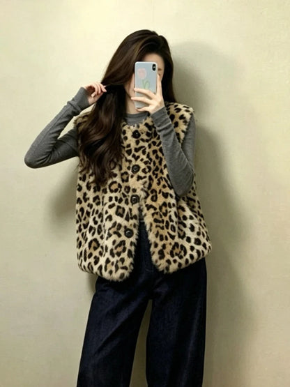 Faux Fur Y2K Leopard Vest Women Loose Vintage Winter Warm O Neck Streetwear Vests Casual Harajuku American Retro Lady Vest Coat