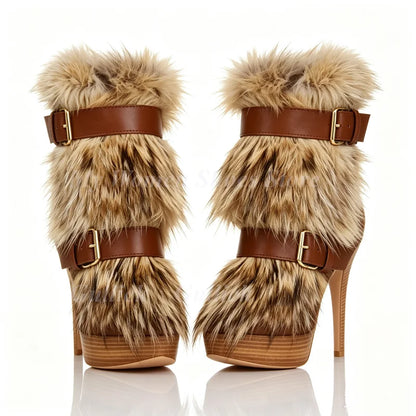 Fur Knee High Platform Boots Thin High Heel Buckle Strap Zipper New Arrivals Hot Sale 2026 Winter Women Dress Shoes Handmade