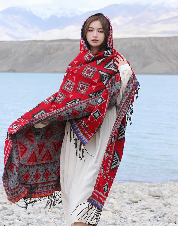 GypsyLady Bohemian Vintage Chic Cloaks Capes Hooded Blue Women Autumn Warm Knitted Ethnic Capes Tassels Cloak Poncho Outwear New