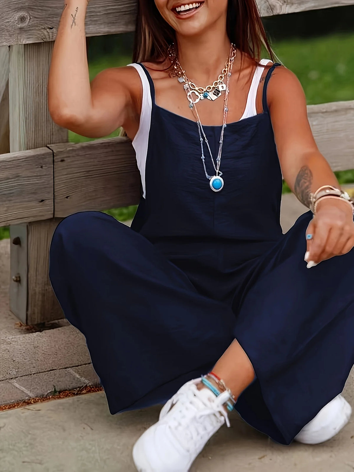 Summer Casual Suspender Jumpsuit for Women, Loose Thin Drapey Wide-Leg Pants, Simple Versatile Sleeveless Overalls, Vacation Style Women's Clothing