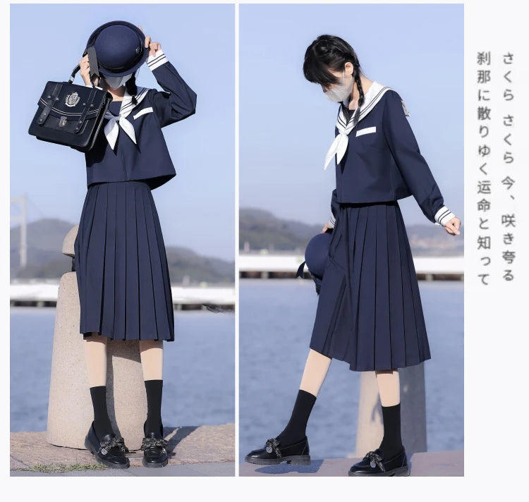 65cm longuette JK Uniform Sets Japanese Women girls uniform dark blue Short/long Sleeve School Uniforms Sailor Pleated Skirt
