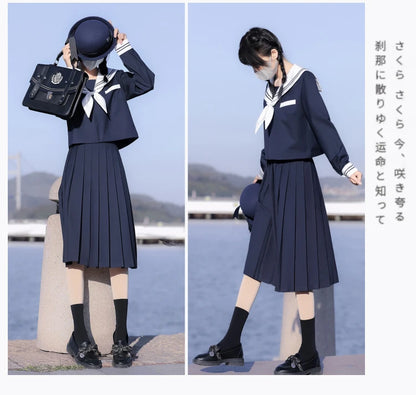 65cm longuette JK Uniform Sets Japanese Women girls uniform dark blue Short/long Sleeve School Uniforms Sailor Pleated Skirt