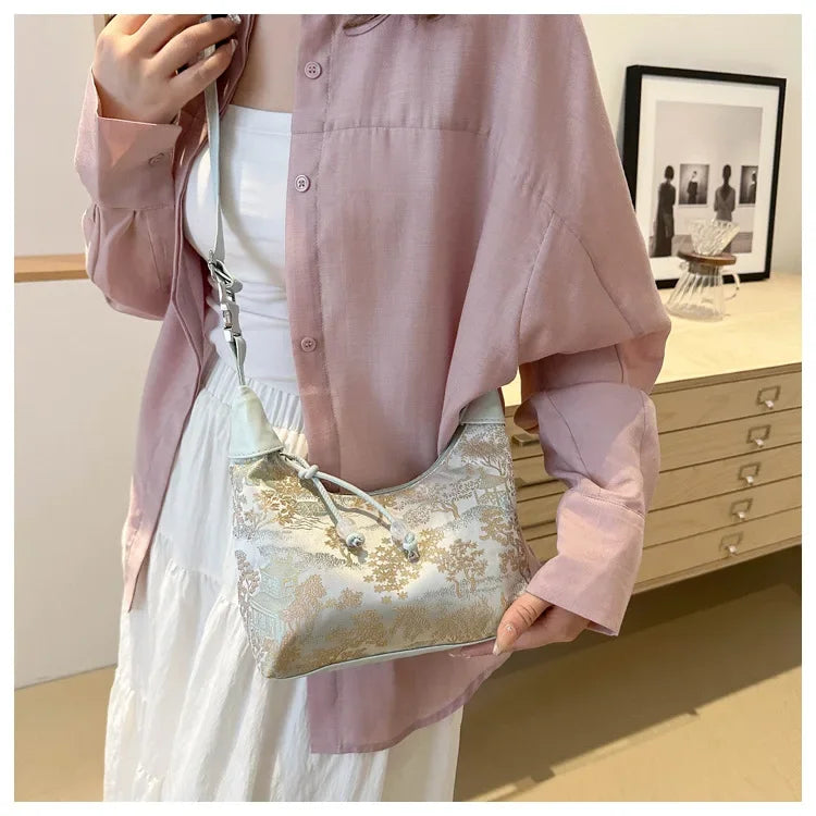 Fashion Luxury Women Embroidery Shoulder Bag Nylon Pearl Pendant Bucket Bag Versatile Handbag Retro Women Crossbody Bags сумка