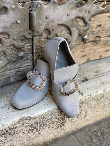 Vintage Medieval Renaissance Frock Shoes Unisex Block Heels With Buckle Boot Halloween Cosplay Costume Party Historical Footwear