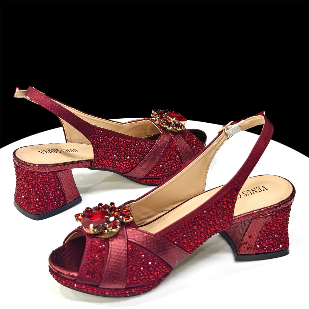 2025 Elegant Women's Peep-Toe Heels and Matching Wine Color Diamond Pumps Set - Stylish Italian Shoes and Bags for Parties