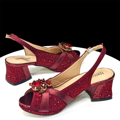 2025 Elegant Women's Peep-Toe Heels and Matching Wine Color Diamond Pumps Set - Stylish Italian Shoes and Bags for Parties