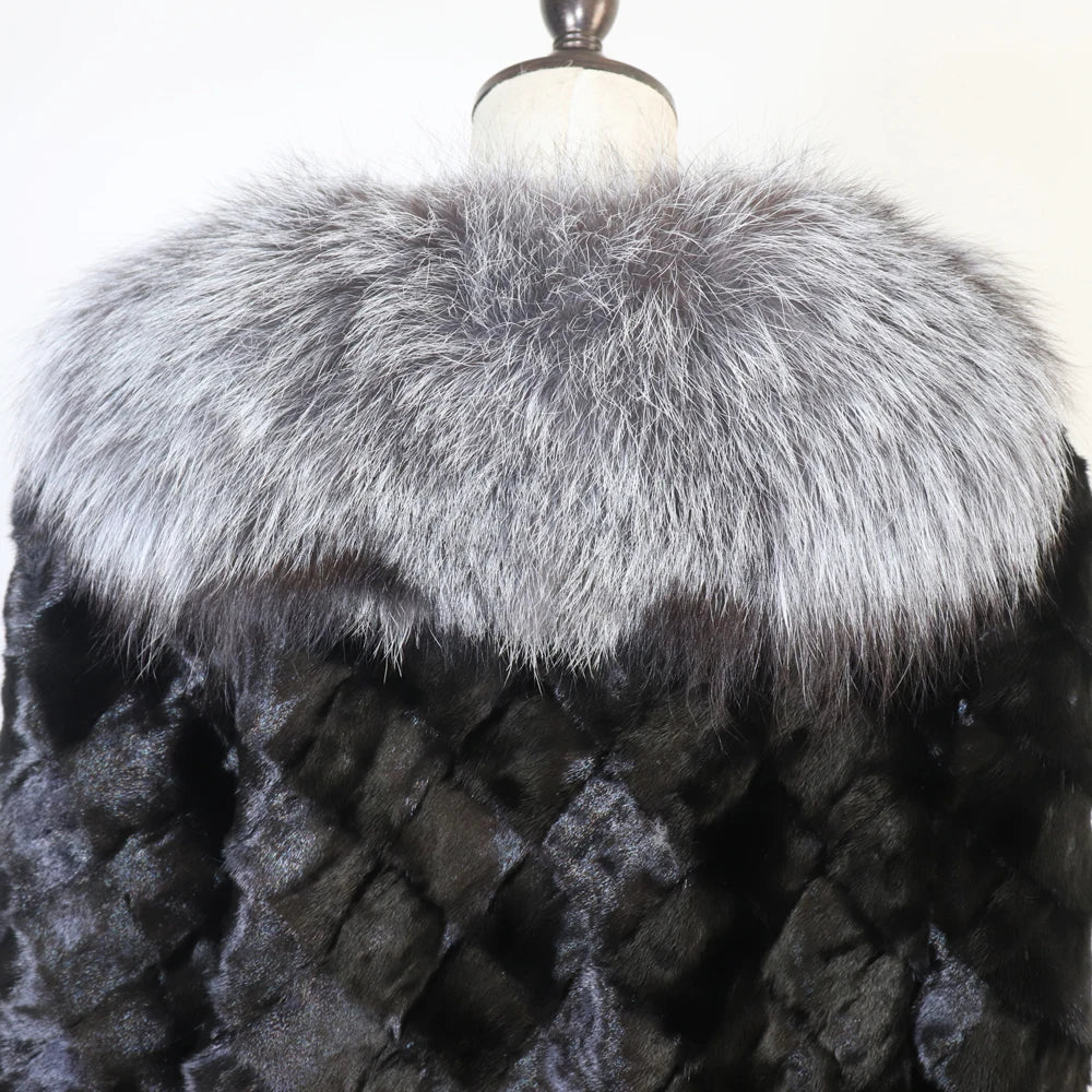 Women Winter Real Mink Fur Caot With Fox Fur Collar Natural Warm Mink Fur Jacket Lady Fashion 100% Real Mink Fur Overcoat