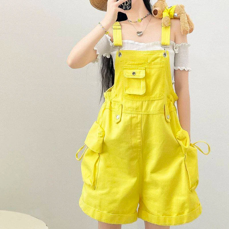 Red Denim Overalls for Women Summer Adjustable Straps Loose Wide Leg Shorts Solid Color Casual Streetwear Short Rompers