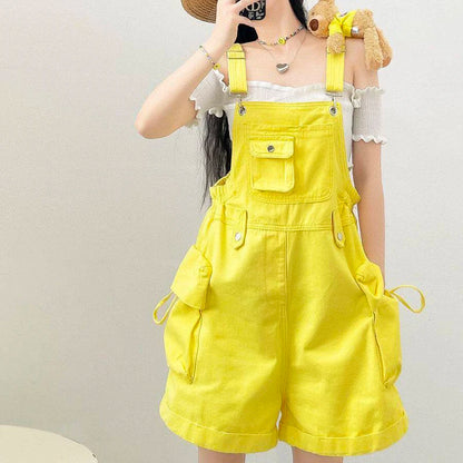 Red Denim Overalls for Women Summer Adjustable Straps Loose Wide Leg Shorts Solid Color Casual Streetwear Short Rompers
