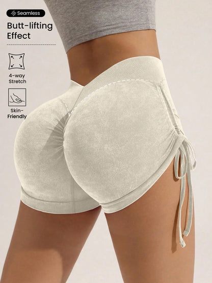 Matte craft summer three part pants yoga pants women's drawstring sports shorts European and American peach hip lifting fitness