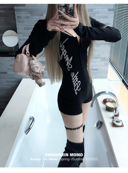 Pure Desire American Long Sleeved T-shirt Jumpsuit Slim Fit Letter Spicy Girl Sexy Sports Fitness Yoga Cycling Jumpsuit Shorts