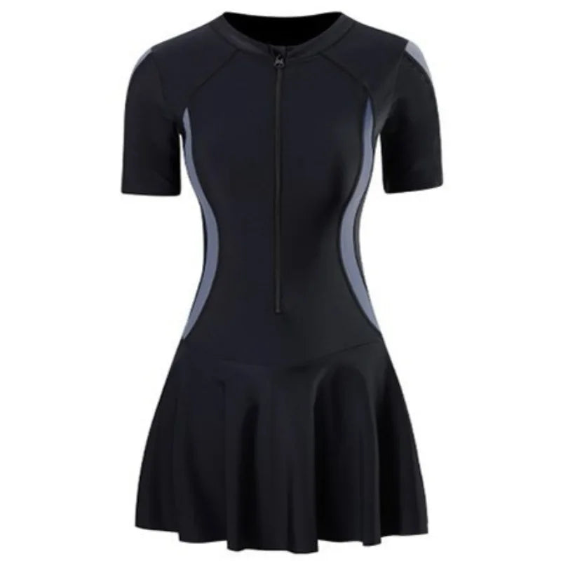 Women One-piece Swimsuit Korean Fashion Sports Swimwear Slim Short-sleeved Skirt Bathing Suit Beach Wear Swimming Suit for Women
