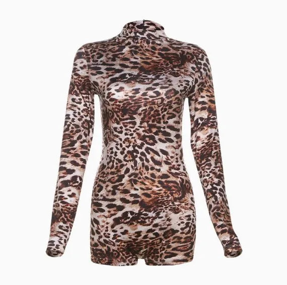 European American Autumn New Women's Clothing Fashion Trend Round Neck Long Sleeved Sexy Leopard Print Printing Tight Jumpsuit