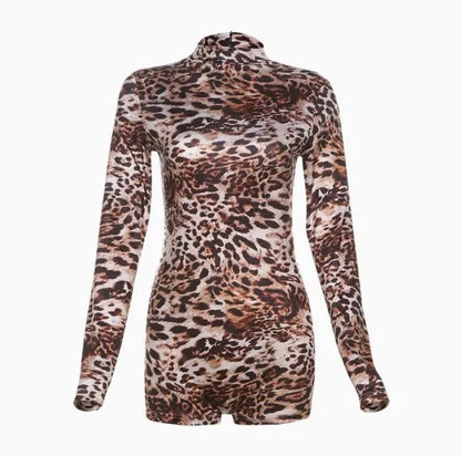 European American Autumn New Women's Clothing Fashion Trend Round Neck Long Sleeved Sexy Leopard Print Printing Tight Jumpsuit