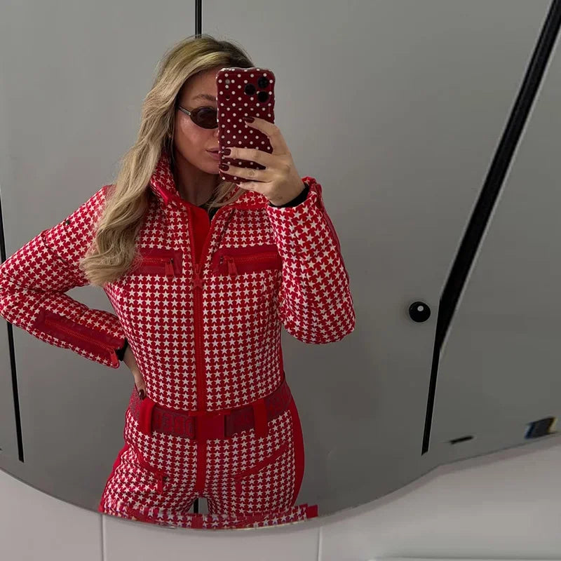 Thicken Print Cotton Jumpsuits Women High Neck Long Sleeves Zipper Belts Warm Ski Wears Female 2026 Winter New Chic Ski Jumpsuit