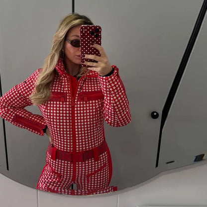 Thicken Print Cotton Jumpsuits Women High Neck Long Sleeves Zipper Belts Warm Ski Wears Female 2026 Winter New Chic Ski Jumpsuit