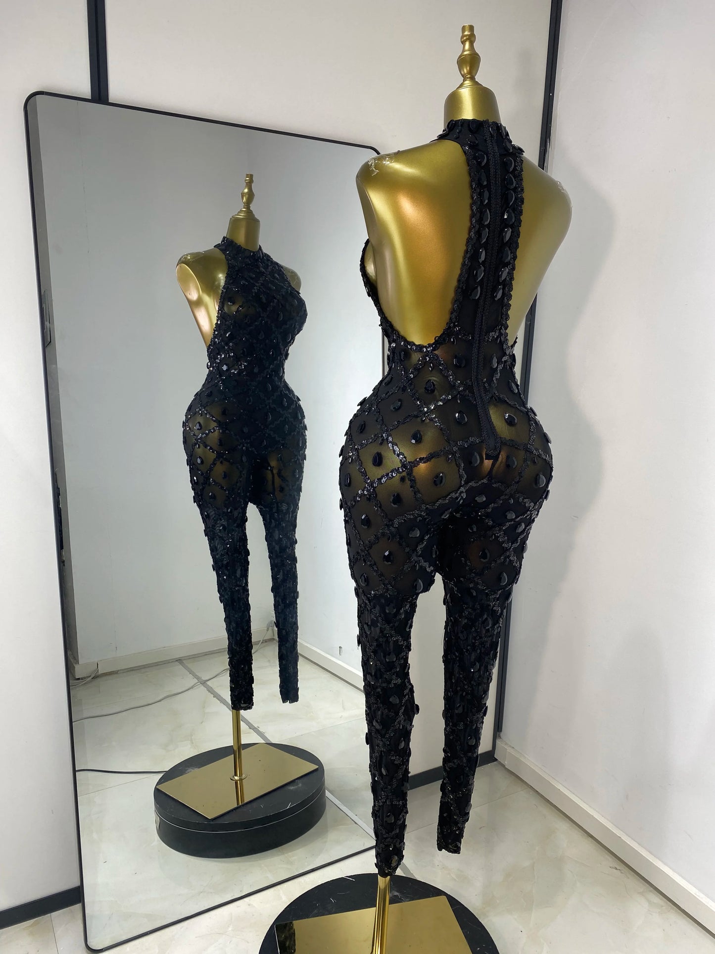 Women Rhinestones Sequines Mesh Bodycon Jumpsuits Sexy Special Occassion Nightclub DJ Dancer Stage Costumes Evening Club Dress