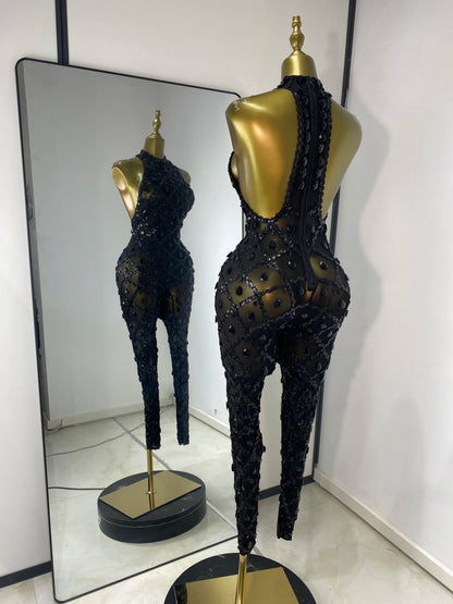 Women Rhinestones Sequines Mesh Bodycon Jumpsuits Sexy Special Occassion Nightclub DJ Dancer Stage Costumes Evening Club Dress