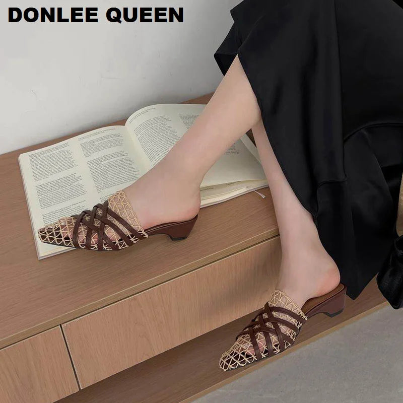 2026 Summer Luxury Fashion Designer Slippers Women Lace Mesh Square Toe Slip On Mule Slippers Low Heel Sandal Casual Shoes Muje