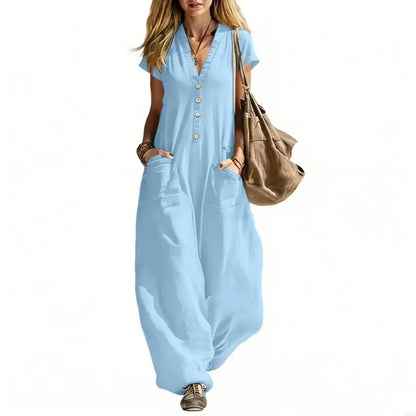 Jumpsuits for Women Linen Button Short Sleeve Jumpsuits Wide Leg V Neck Rompers Vacation Clothes with Pockets 6XDA