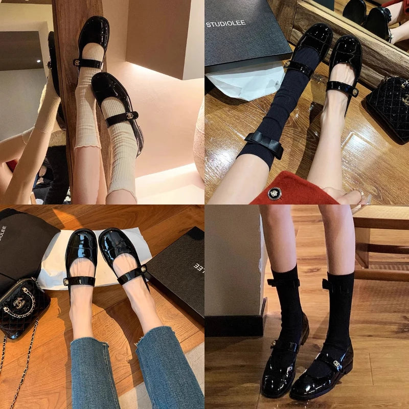 Women Two Tone Mary Jane Shoes 2026 New Patent Leather Buckle Strap Low Heel Casual Shoes For Office And Daily Wear Elegant