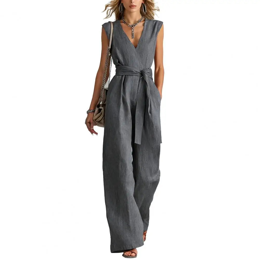 Women's Jumpsuit Sleeveless Women Jumpsuit Summer Causal Tie Waist Wide Leg Long Pants Rompers Summer V Neck One Piece Overalls