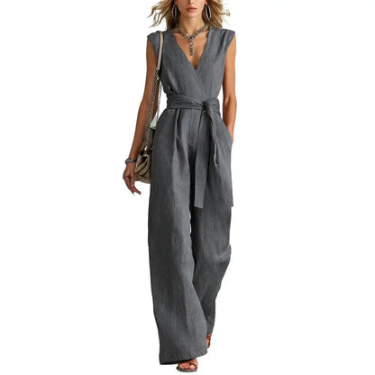 Women's Jumpsuit Sleeveless Women Jumpsuit Summer Causal Tie Waist Wide Leg Long Pants Rompers Summer V Neck One Piece Overalls