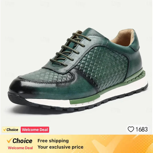 Genuine Leather Man Luxury Sneakers Plaid Weave Pattern Lace-up Men Casual White Oxford Shoes Deals Spring Autumn 2025